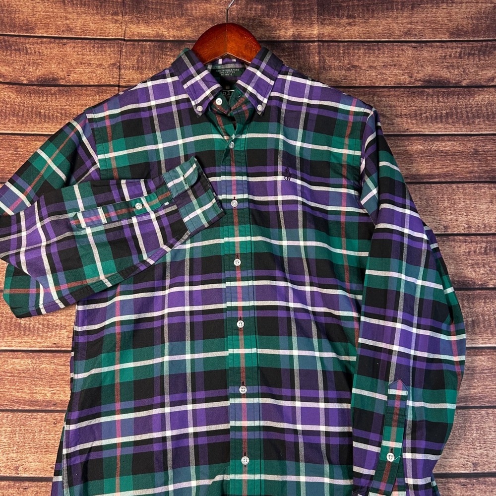 Polo Ralph Lauren Mens Large Plaid Button Down Shirt Green Purple Cotton L